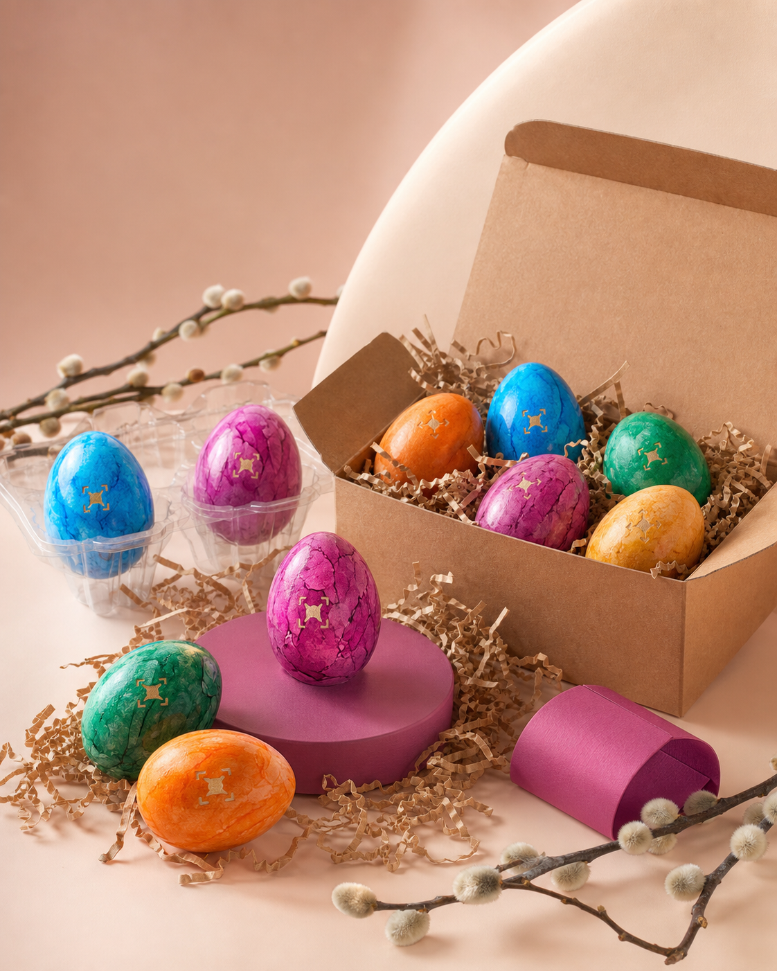 Bunte gravierte Ostereier in einer hochwertigen Geschenkbox